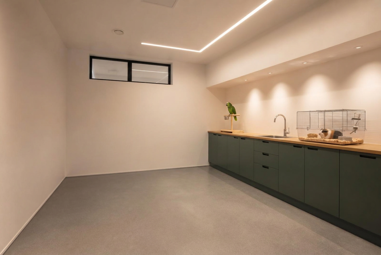 Vue de concept d'un local professionnel nu avec mobilier bas vert, plan de travail bois et sol résine gris, un perroquet sur son perchoir et un cochon d'Inde dans une cage de transport