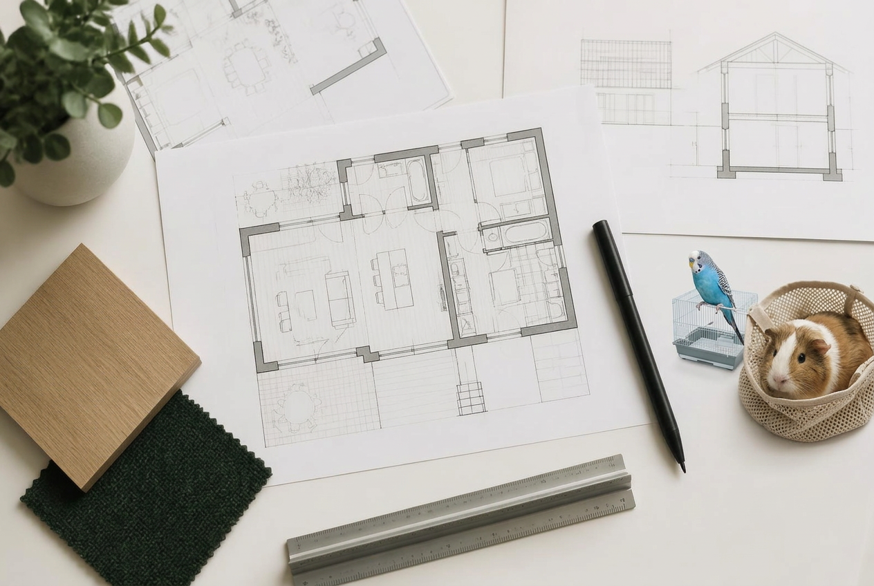 Plans de concept avec matériaux et petits animaux